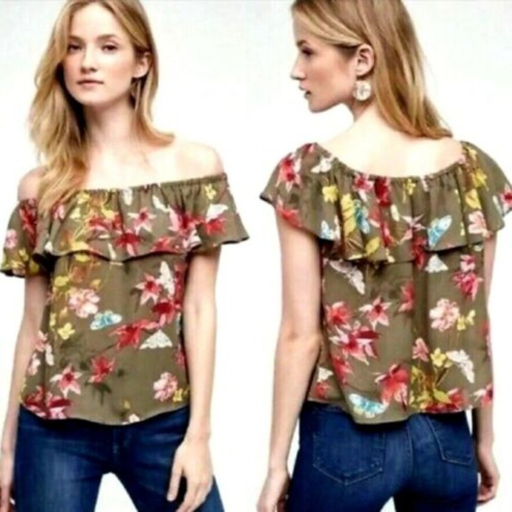 Anthropologie Maeve Fall Moth Leaves Ruffle Off Shoulder Floral Blouse Large